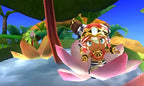 Eine Spielfigur fährt in Ever Oasis in einem Boot aus einer rosa Blüte über Wasser.