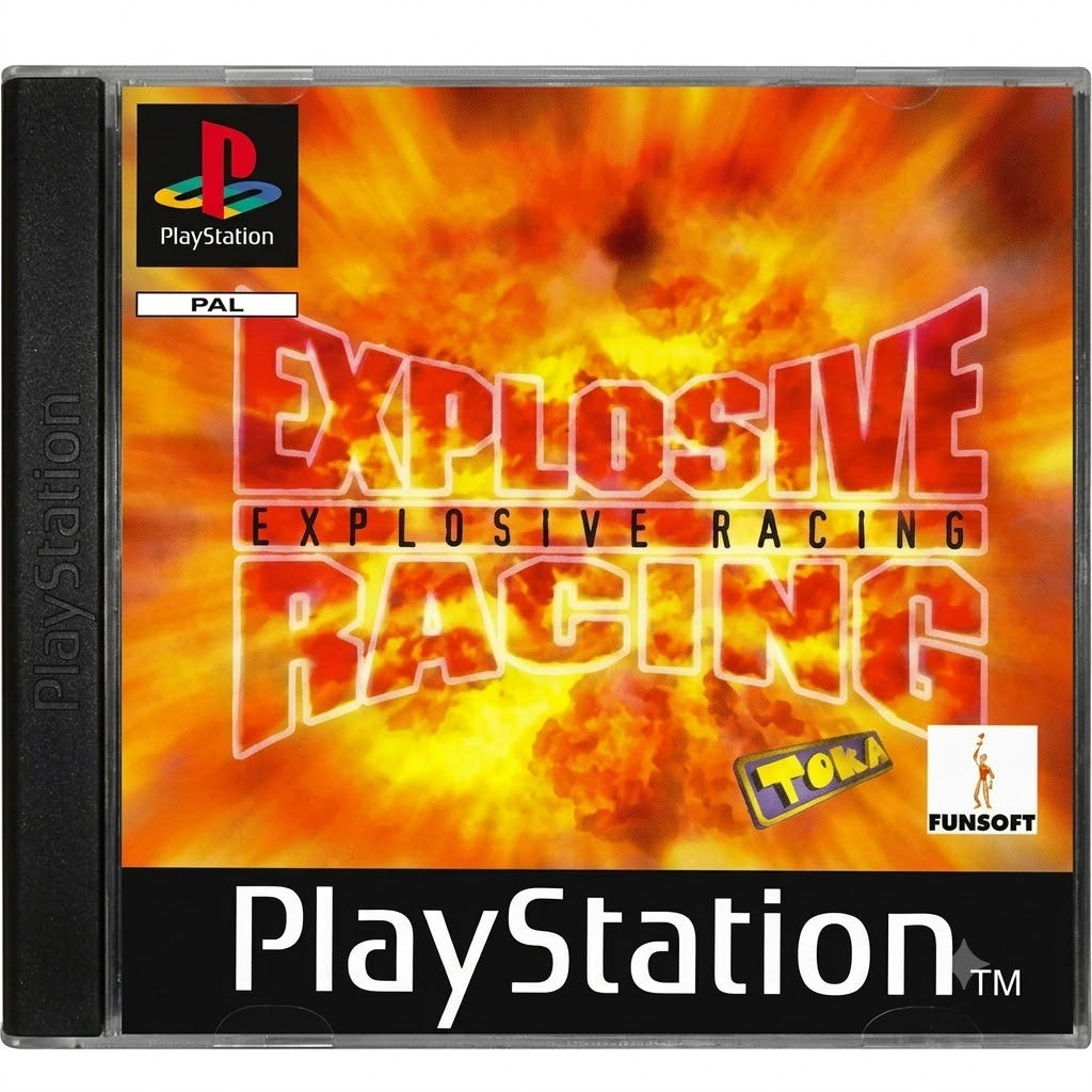 Das Cover von Explosive Racing für PS1 zeigt den Titel in Flammen vor einem orange-gelben Hintergrund.