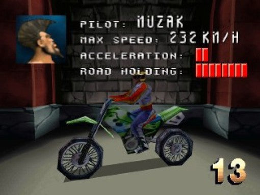 Das Fahrerauswahlmenü zeigt den Piloten Muzak und sein grünes Motorrad mit den Werten für Geschwindigkeit.