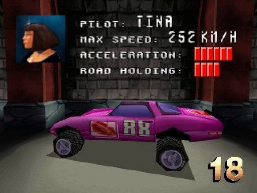 Das Fahrerauswahlmenü zeigt die Pilotin Tina und ihr pinkes Auto mit den Werten für Geschwindigkeit und Beschleunigung.