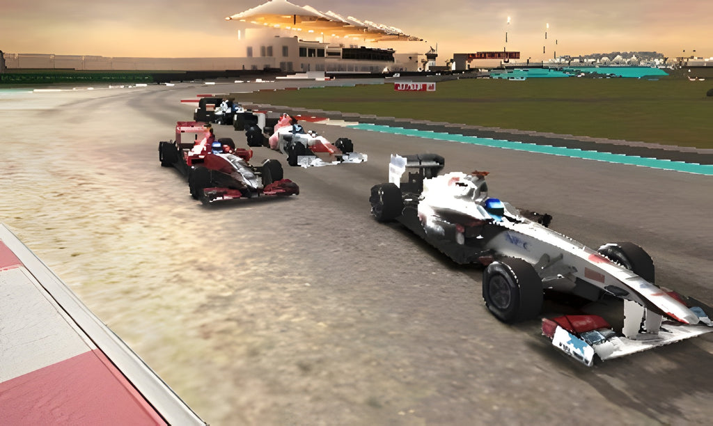 In F1 2011 fahren mehrere Formel-1-Wagen auf einer Rennstrecke durch eine Kurve.