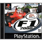 Das Cover von F1 2000 für die PlayStation zeigt zwei Formel-1-Wagen auf der Rennstrecke und das EA Sports Logo.