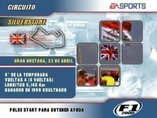 Ein Menübild zeigt die Streckenauswahl für Silverstone mit der britischen Flagge und Streckeninformationen.