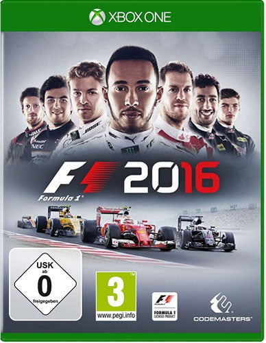 Das Cover von F1 2016 für Xbox One zeigt Rennfahrer und drei Formel-1-Wagen, USK ab 0 und PEGI 3.