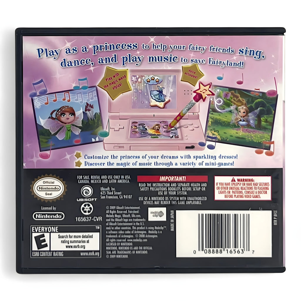 Die Rückseite von Fairyland: Melody Magic zeigt einen pinken Nintendo DS und Spielszenen.