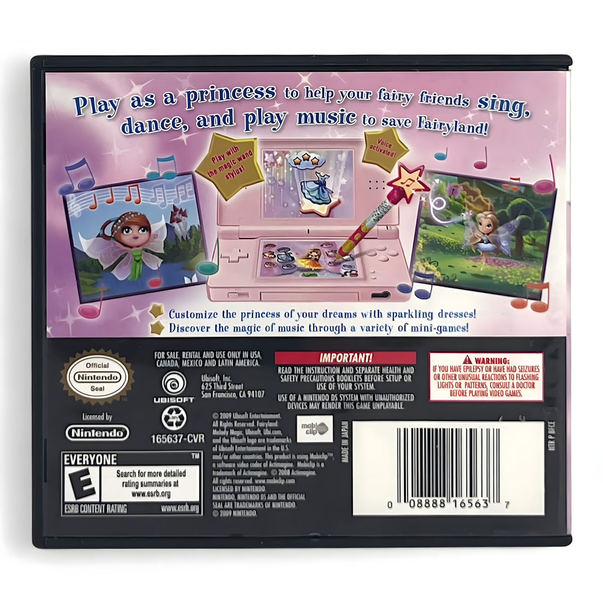 Die Rückseite von Fairyland: Melody Magic zeigt einen pinken Nintendo DS und Spielszenen.
