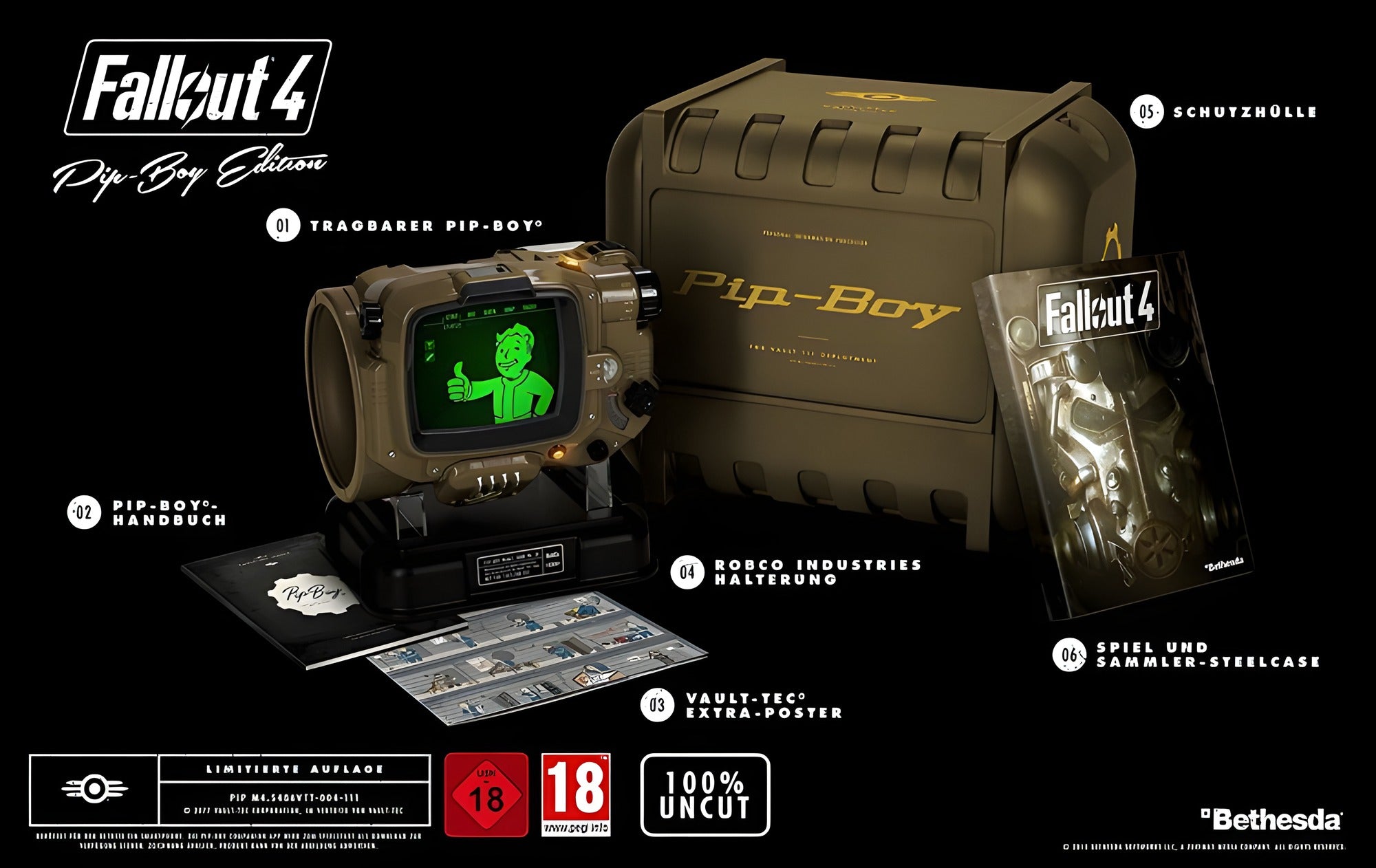 Fallout 4 Pip-Boy Edition + Pip-Boy mit Halterung, Handbuch. Poster, (DE) — Steelbook