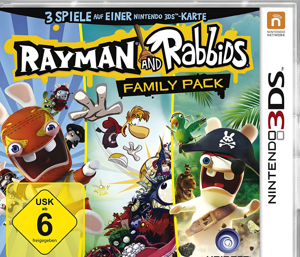 Family Pack: Rayman and Rabbits / 3 Spiele zeigt Rayman und zwei Rabbids auf dem Cover mit USK 6.