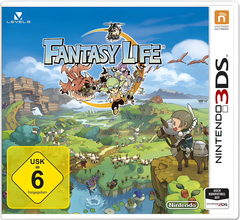 Das Cover von Fantasy Life für Nintendo 3DS zeigt eine bunte Fantasy-Welt mit vielen Figuren und dem USK-Siegel ab 6.