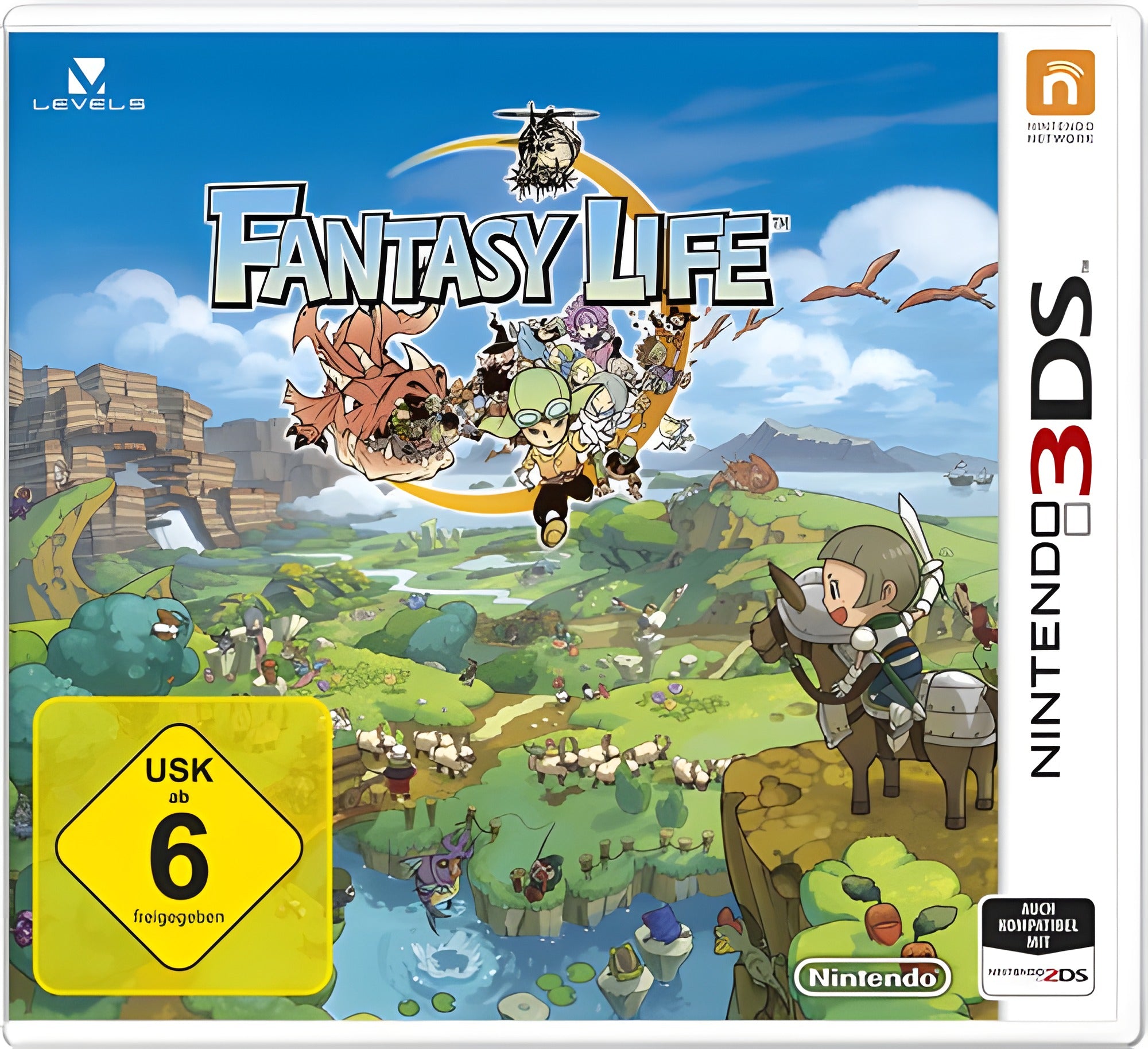 Das Cover von Fantasy Life für Nintendo 3DS zeigt eine bunte Fantasy-Welt mit vielen Figuren und dem USK-Siegel ab 6.