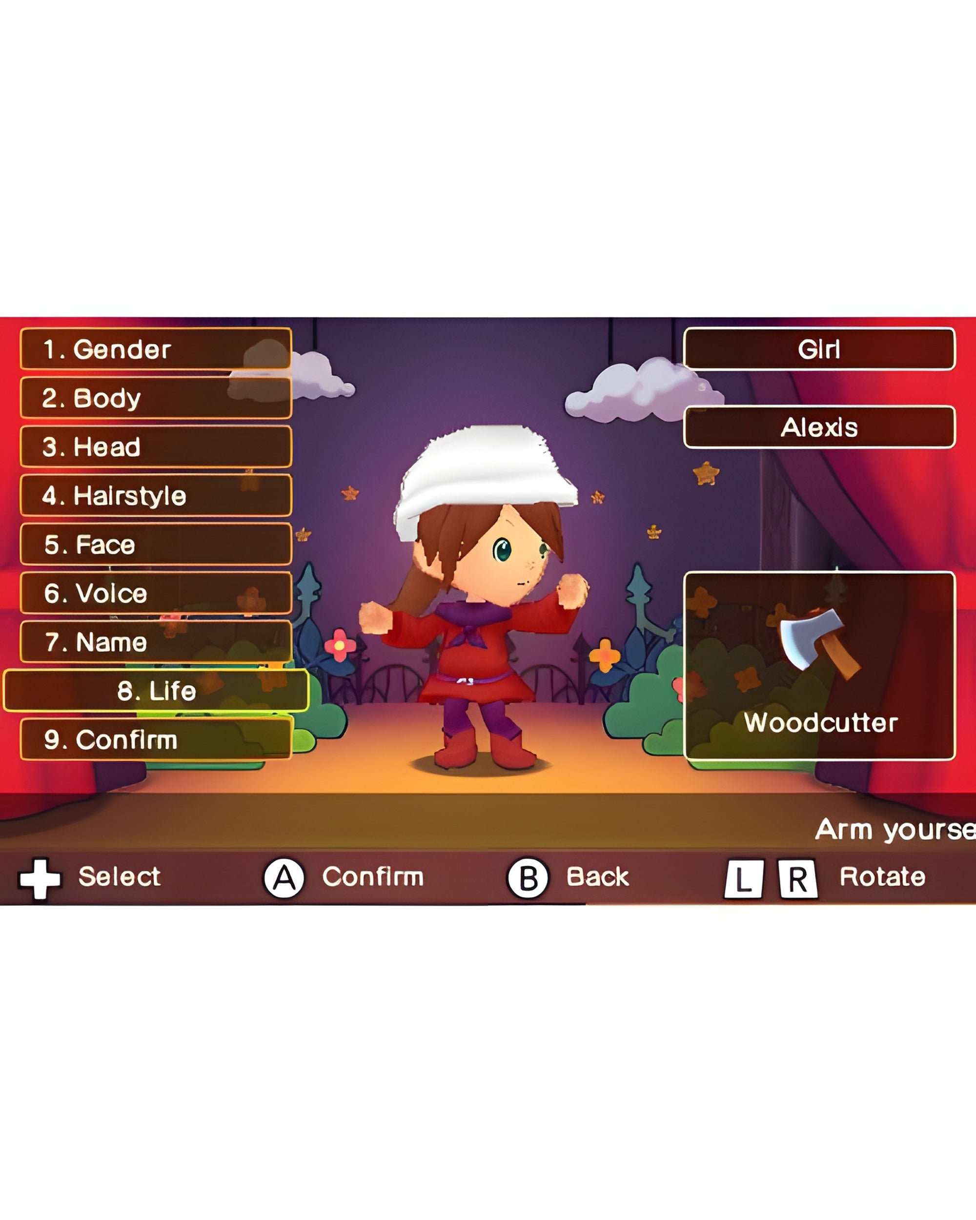 In Fantasy Life für Nintendo 3DS wird ein weiblicher Charakter im Menü zur Erstellung und Anpassung angezeigt.