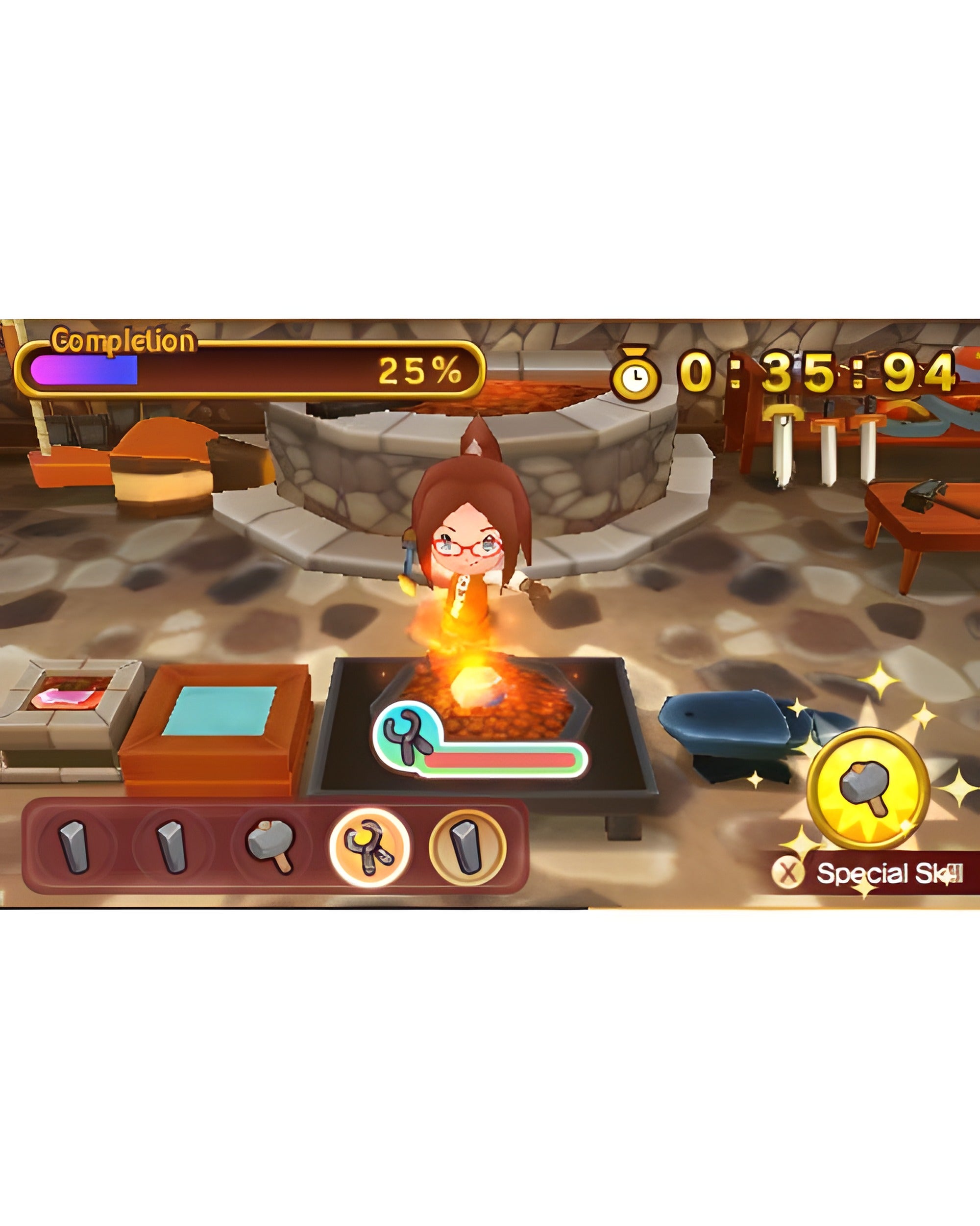 Eine weibliche Figur schmiedet in Fantasy Life für Nintendo 3DS an einem Amboss, umgeben von Werkzeugen.