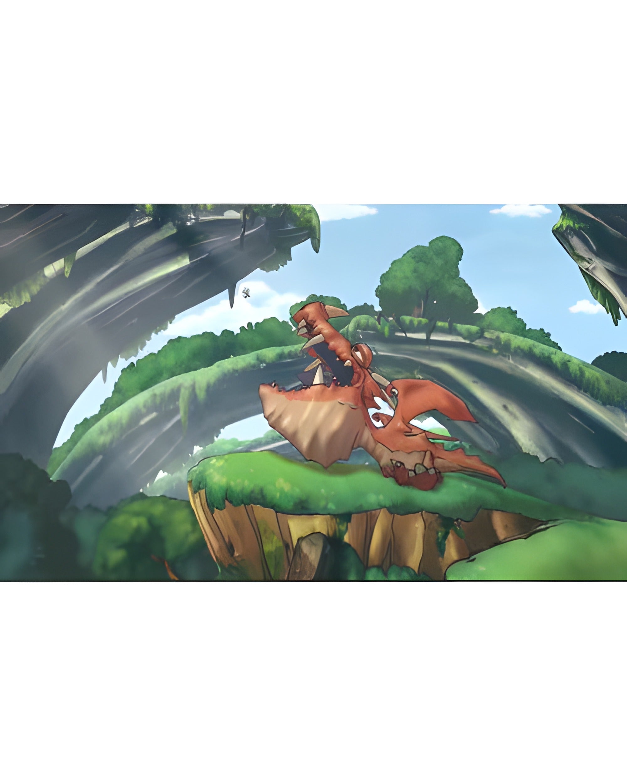 Ein roter Drache sitzt in Fantasy Life für Nintendo 3DS auf einer Klippe in einer grünen, bergigen Landschaft.