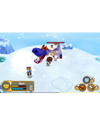 Ein Kampf in Fantasy Life für Nintendo 3DS zeigt zwei Figuren, die einen großen blauen Dinosaurier im Schnee angreifen.
