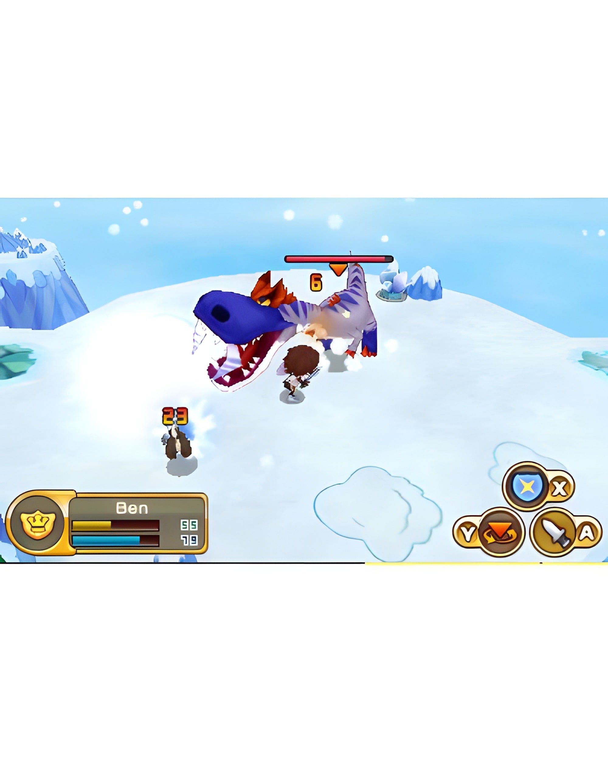 Ein Kampf in Fantasy Life für Nintendo 3DS zeigt zwei Figuren, die einen großen blauen Dinosaurier im Schnee angreifen.