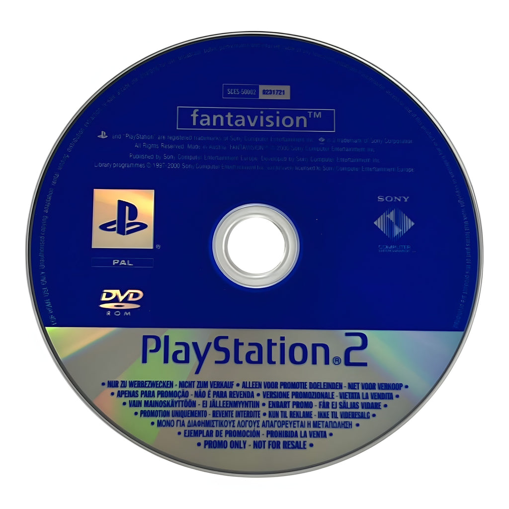Der Datenträger von Fantavision für PS2 zeigt das Spiel-Logo und die PlayStation-Markenlogos auf blauem Grund.