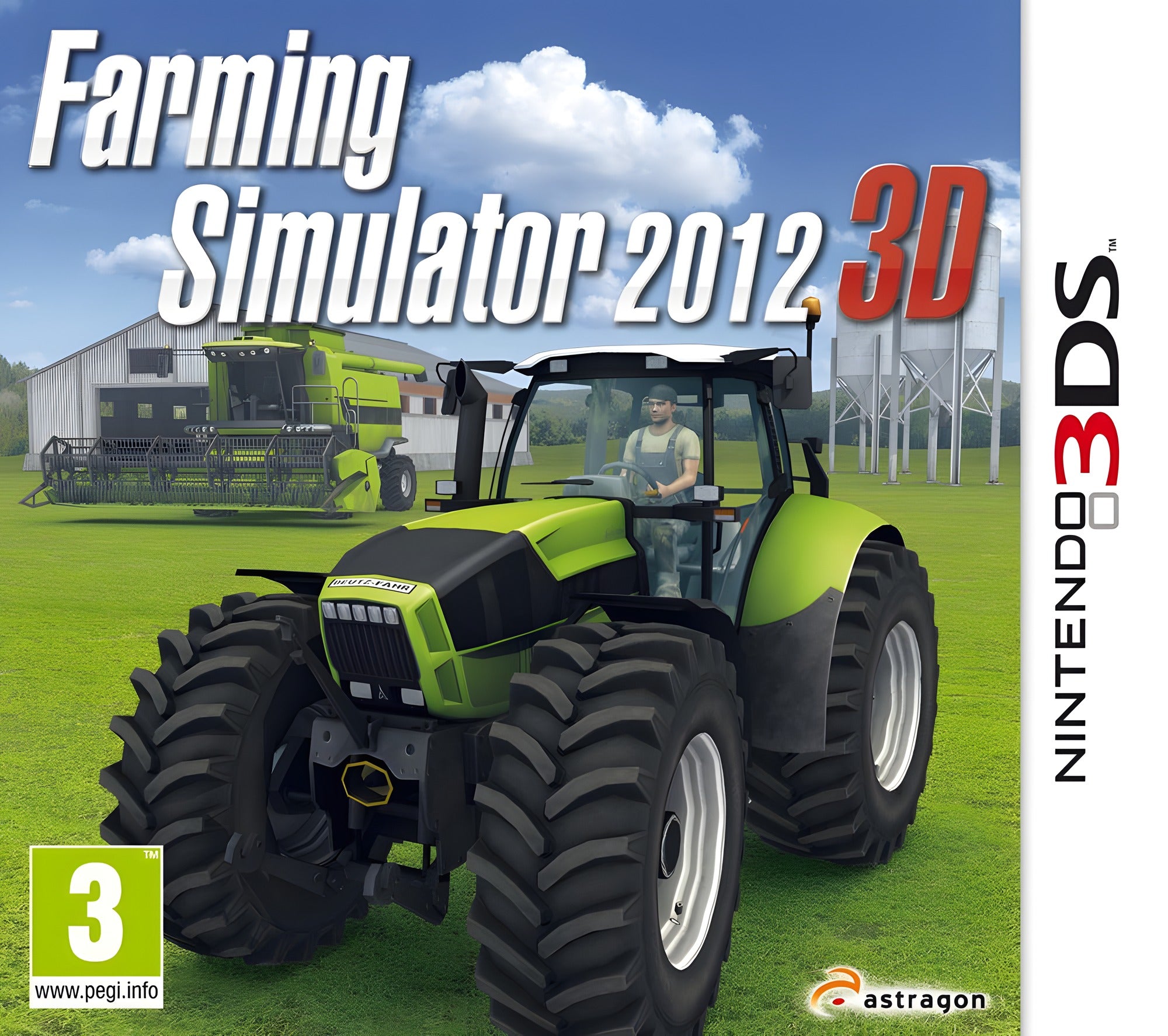 Das Cover von Farming Simulator 2012 3D zeigt einen grünen Traktor auf einer Wiese, PEGI 3.