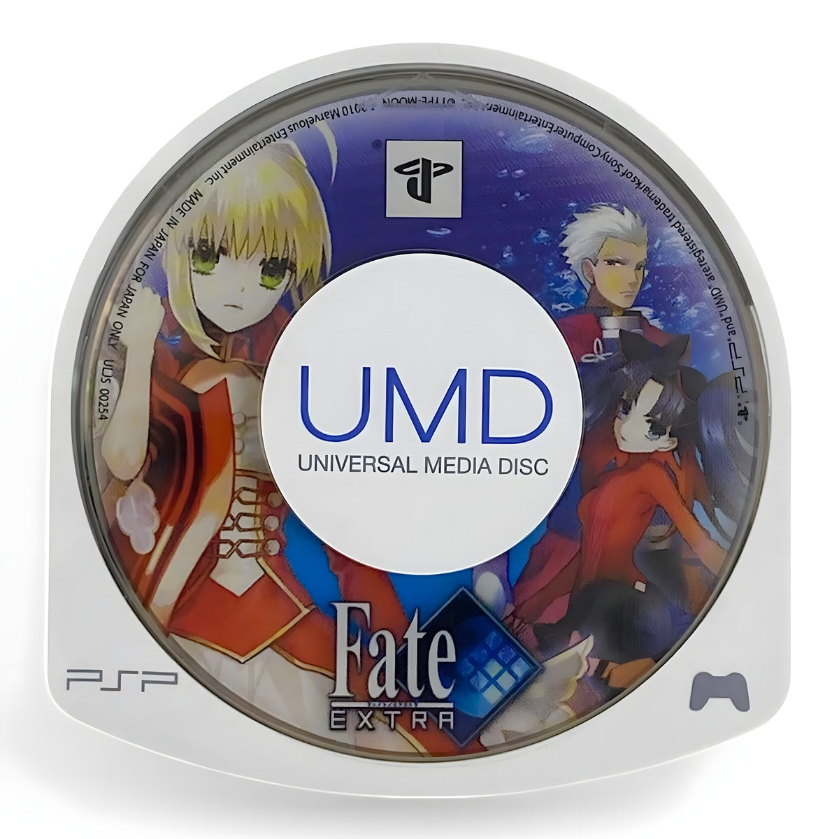 Die UMD-Disc von Fate: Extra für PSP zeigt drei Anime-Charaktere vor einem blauen Hintergrund.