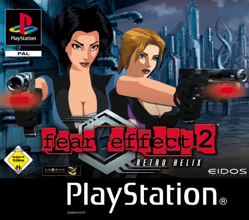 Das Cover von Fear Effect 2: Retro Helix für PS1 zeigt zwei bewaffnete Frauen vor einer futuristischen Stadtkulisse.