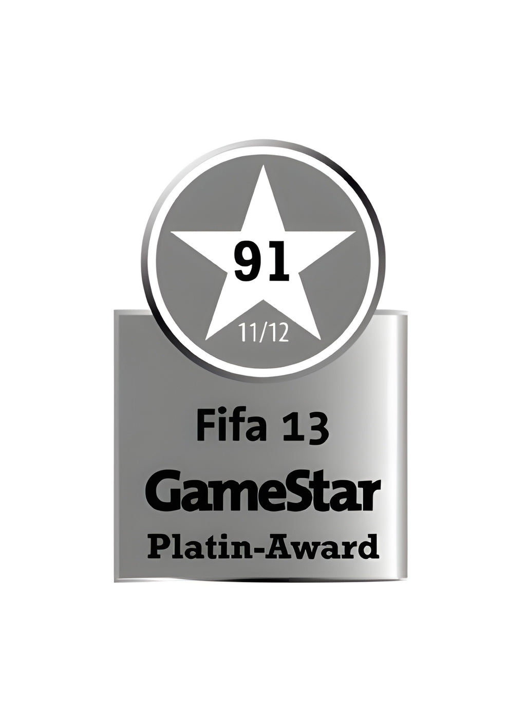 Der GameStar Platin-Award für FIFA 13 zeigt einen weißen Stern mit der Zahl 91 und der Jahreszahl 11/12.