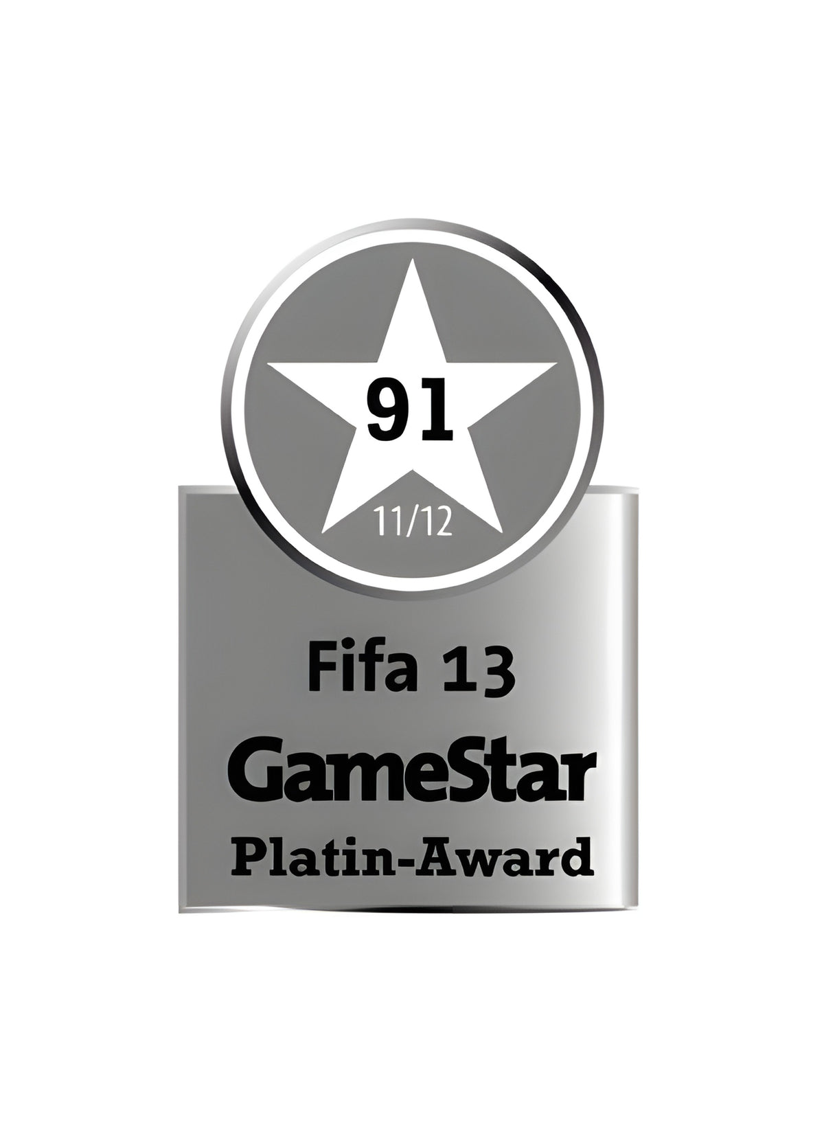 Der GameStar Platin-Award für FIFA 13 zeigt einen weißen Stern mit der Zahl 91 und der Jahreszahl 11/12.