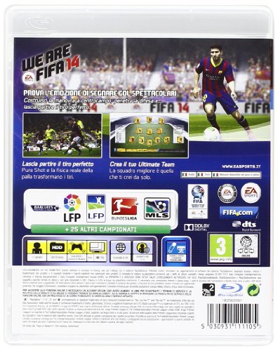 Die Rückseite von Fifa 14 zeigt Spielszenen, Features und Systemanforderungen in italienischer Sprache.