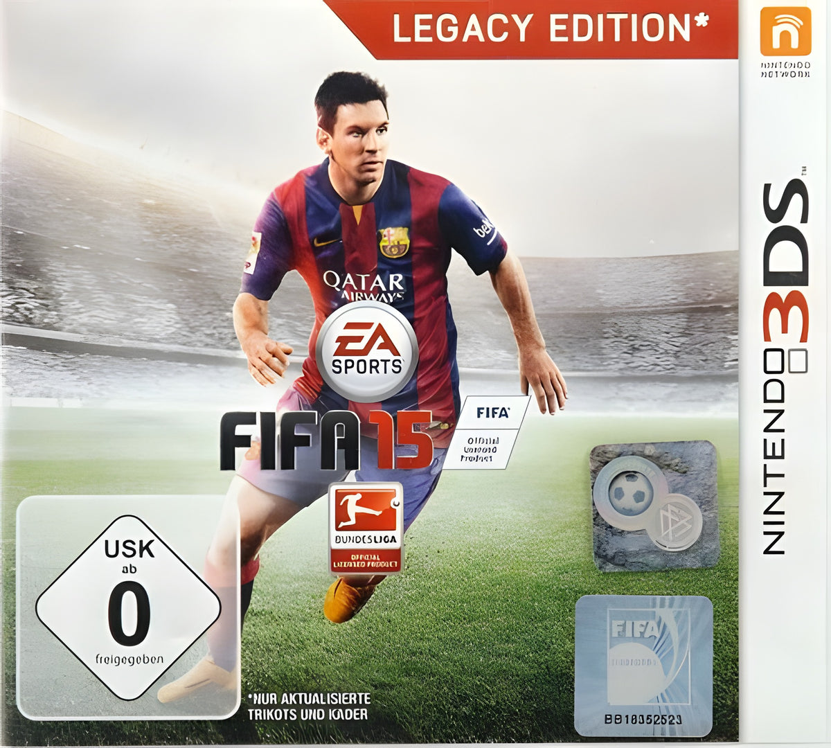 Das Cover von Fifa 15 Nintendo New 3DS zeigt Lionel Messi im Trikot des FC Barcelona und das USK-Siegel ab 0.