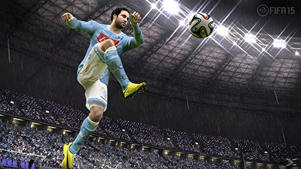 In Fifa 15 nimmt ein Spieler in hellblauem Trikot den Ball im Sprung an.