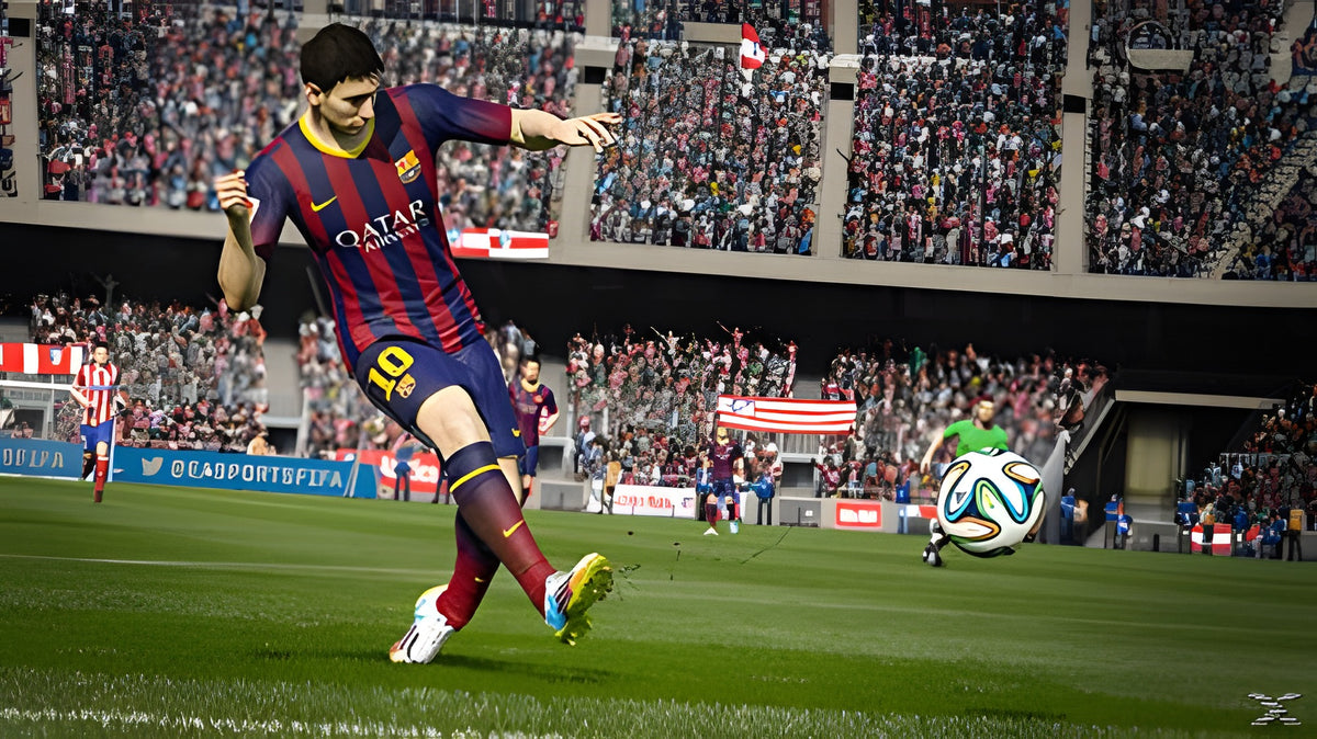 Fifa 15 zeigt Lionel Messi in Aktion, wie er den Ball auf dem Spielfeld schießt.