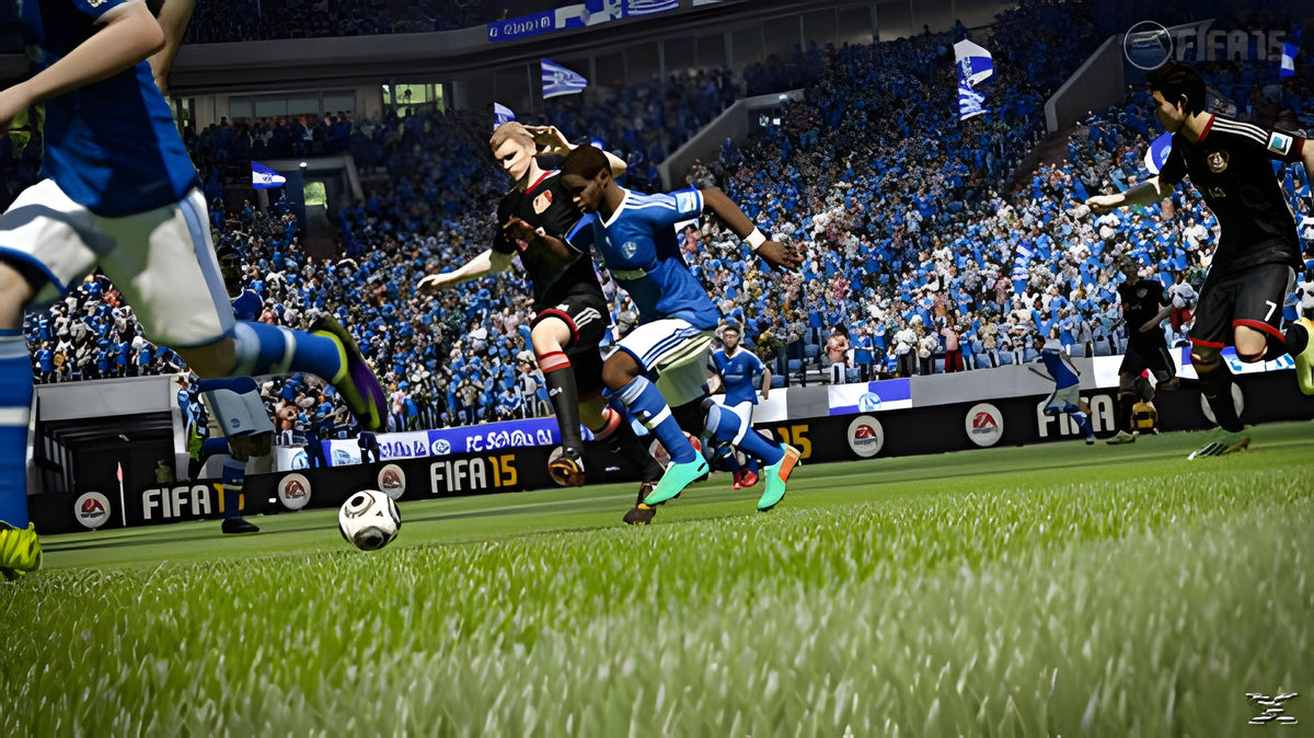 Eine Spielszene aus Fifa 15 zeigt mehrere Spieler, die um den Ball kämpfen.