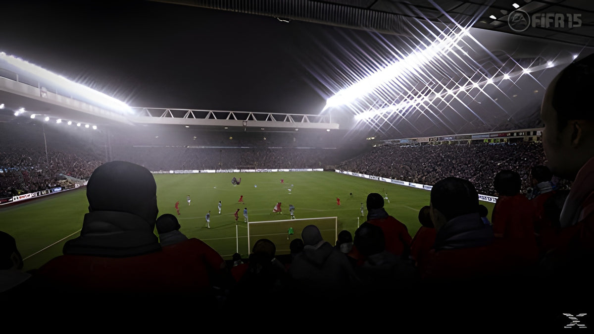 Eine Nachtszene aus Fifa 15 zeigt ein voll besetztes Fußballstadion mit Flutlicht und Spielern auf dem Feld.