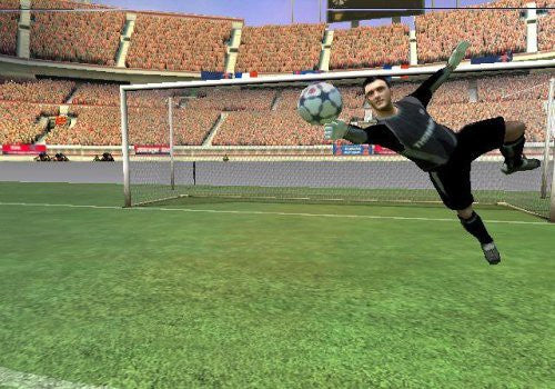 Ein Torwart in schwarzer Kleidung hechtet nach einem Fußball vor einem Tor in einem großen Stadion.