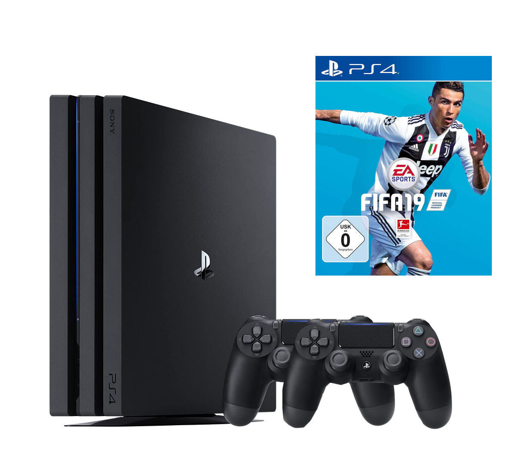 Konsole Pro 1TB schwarz + FIFA 19 + 2 Original Controller