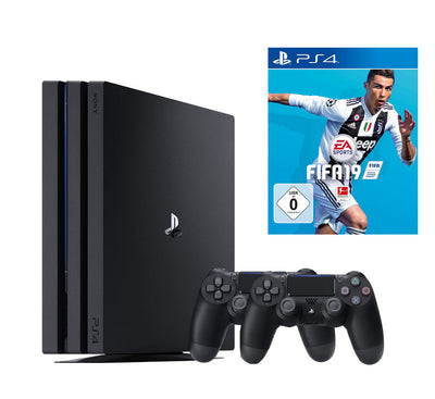 Konsole Pro 1TB schwarz + FIFA 19 + 2 Original Controller