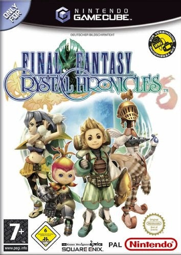 Das Cover von Final Fantasy Crystal Chronicles für GameCube zeigt vier Fantasy-Charaktere und das USK-Siegel ab 6.