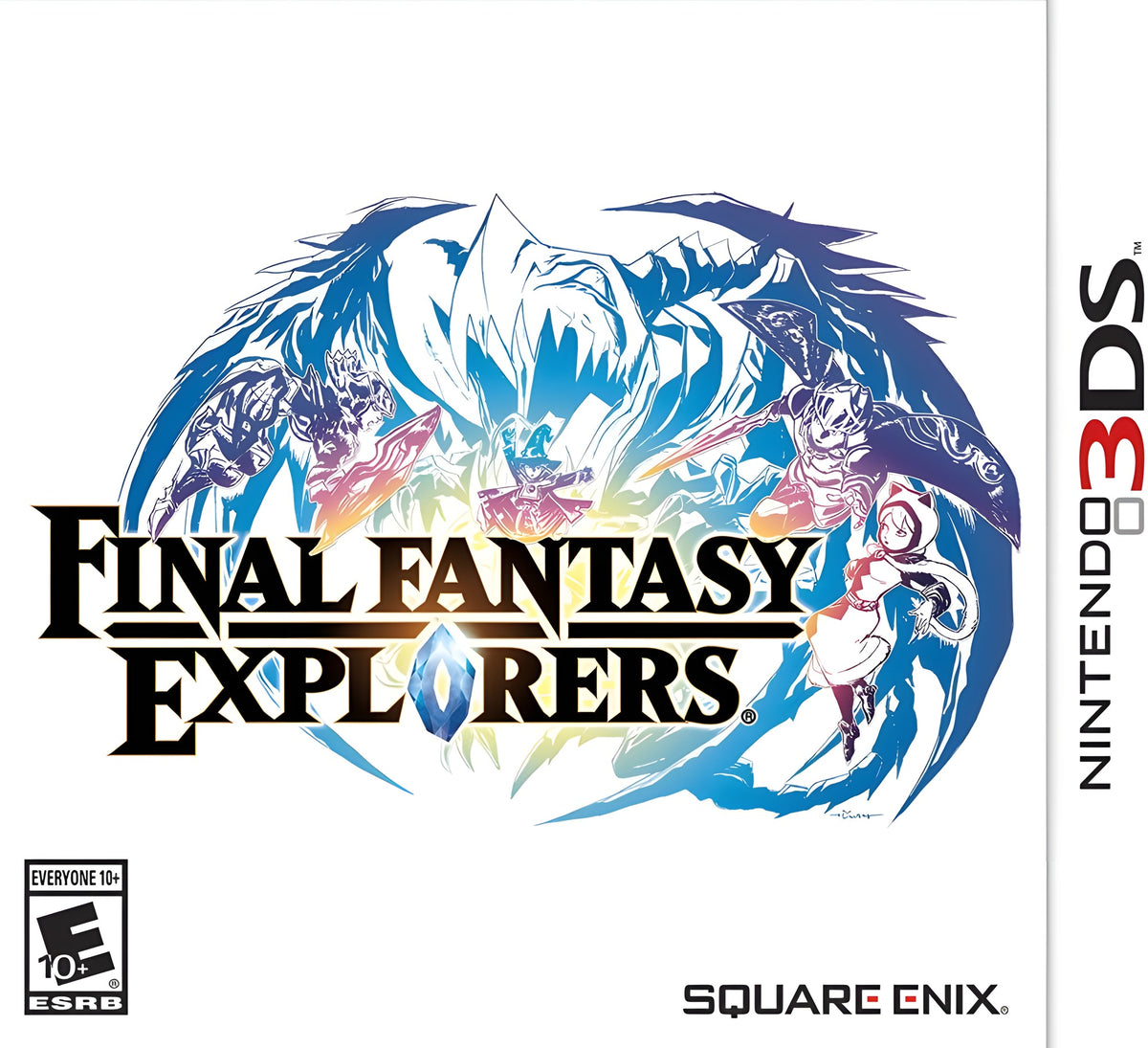 Das Cover von Final Fantasy: Explorers zeigt das Logo und mehrere Charaktere vor einem blauen Bergmotiv.