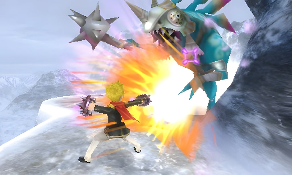 In Final Fantasy: Explorers kämpft eine Figur mit Energieangriffen gegen ein großes Monster im Schnee.