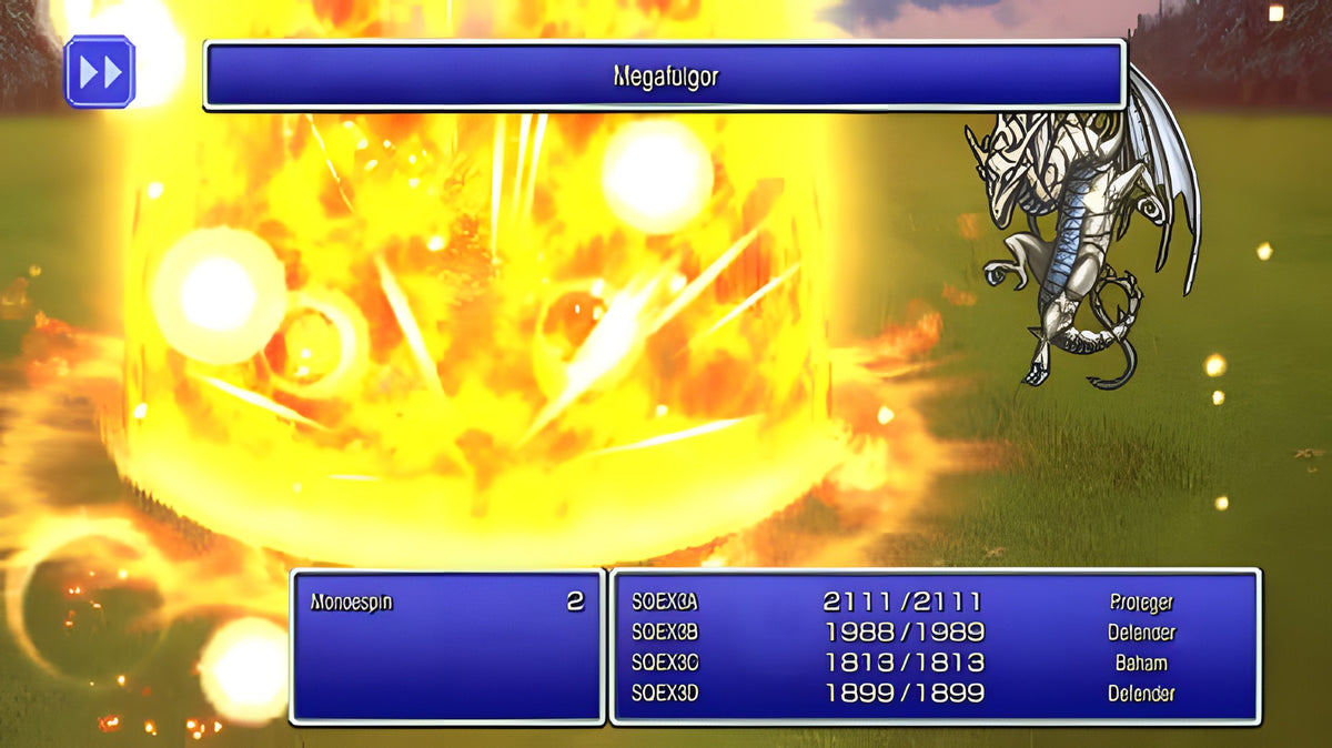 Ein Drache wird in Final Fantasy I-VI Pixel Remaster Collection von einem Megafullgor-Zauber getroffen.