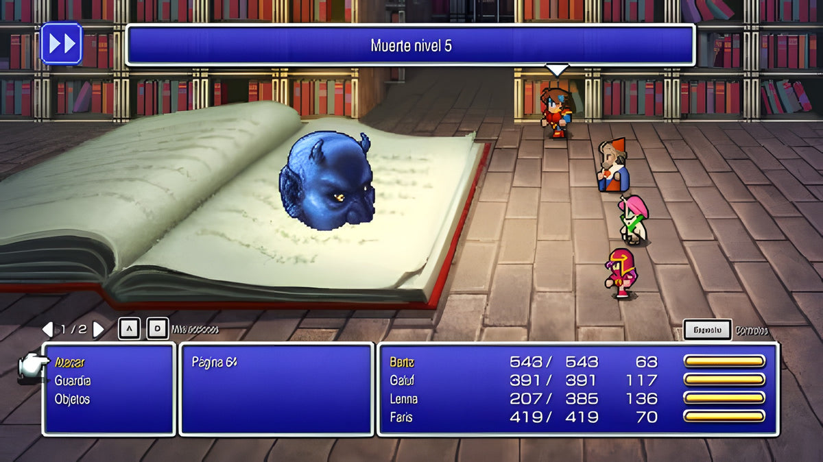 Eine Gruppe kämpft in Final Fantasy I-VI Pixel Remaster Collection in einer Bibliothek gegen einen Dämon.