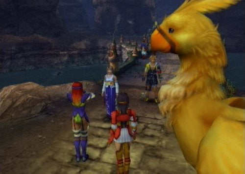 Eine Gruppe von Charakteren läuft auf einem Pfad, während ein großes gelbes Chocobo im Vordergrund steht.