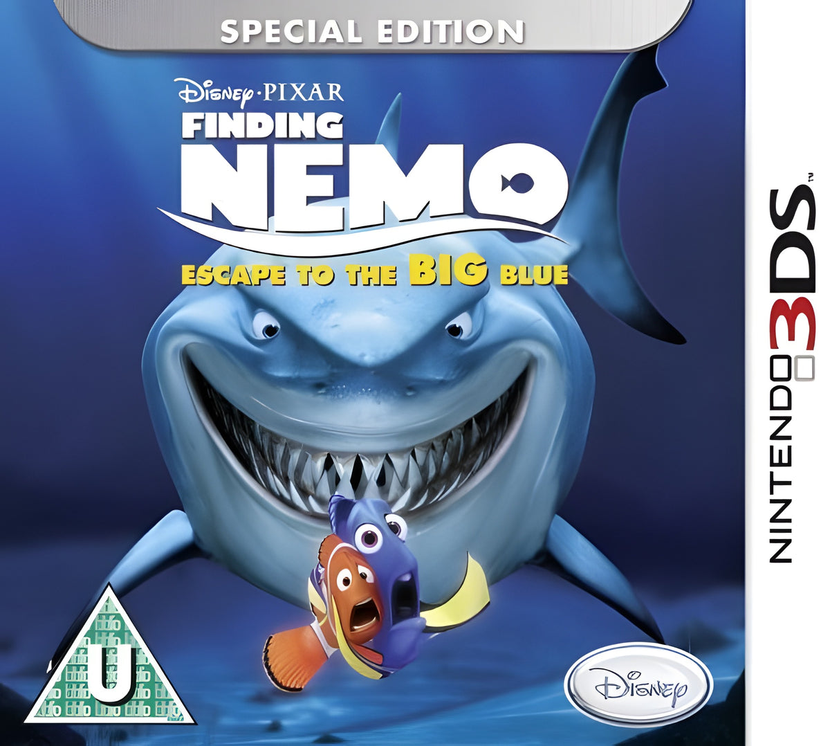 Das Cover von Finding Nemo: Escape to the Big Blue zeigt einen grinsenden Hai und zwei kleine Fische.
