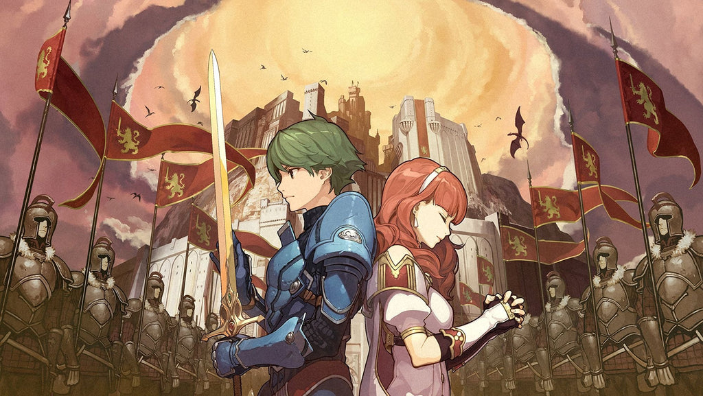 Das Artwork zu Fire Emblem Echoes: Shadows of Valentia zeigt zwei Hauptfiguren vor einem Schloss.