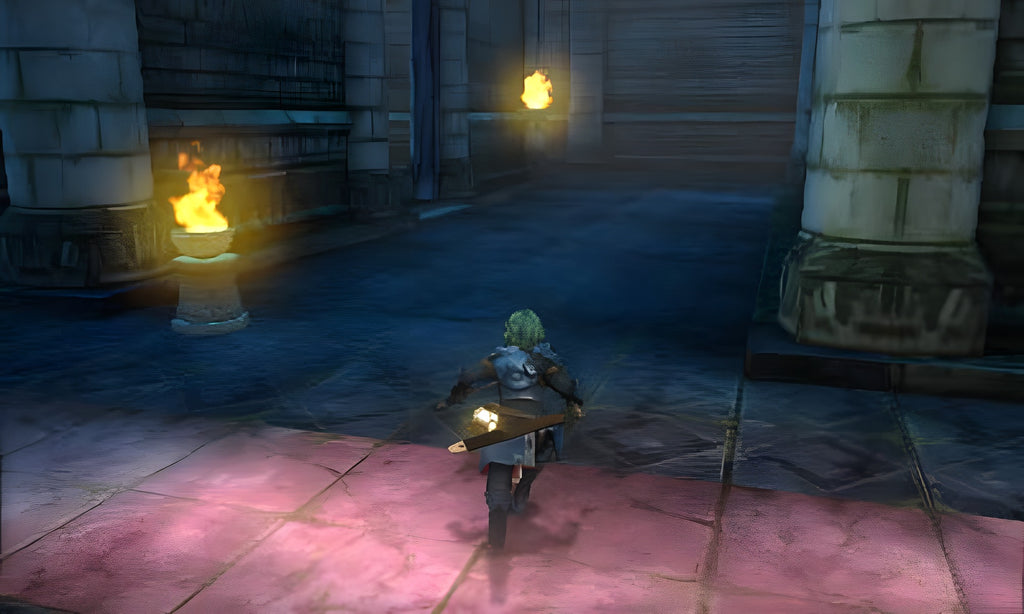 Eine Figur läuft in Fire Emblem Echoes: Shadows of Valentia durch einen dunklen Dungeon mit Fackeln.