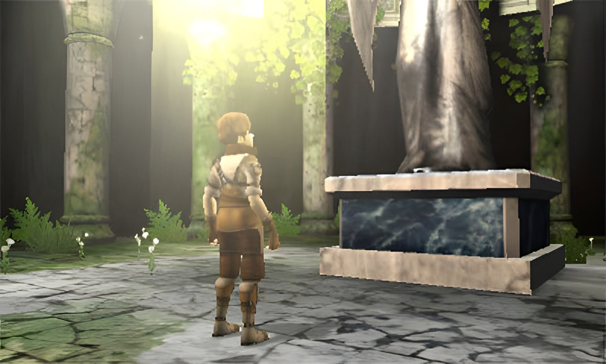 Eine Figur betrachtet in Fire Emblem Echoes: Shadows of Valentia eine Statue in einer Ruine.