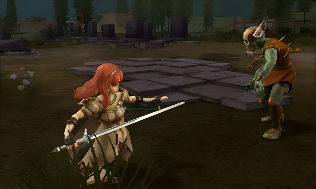 In Fire Emblem Echoes: Shadows of Valentia kämpft eine Kriegerin mit Schwert gegen einen Goblin.
