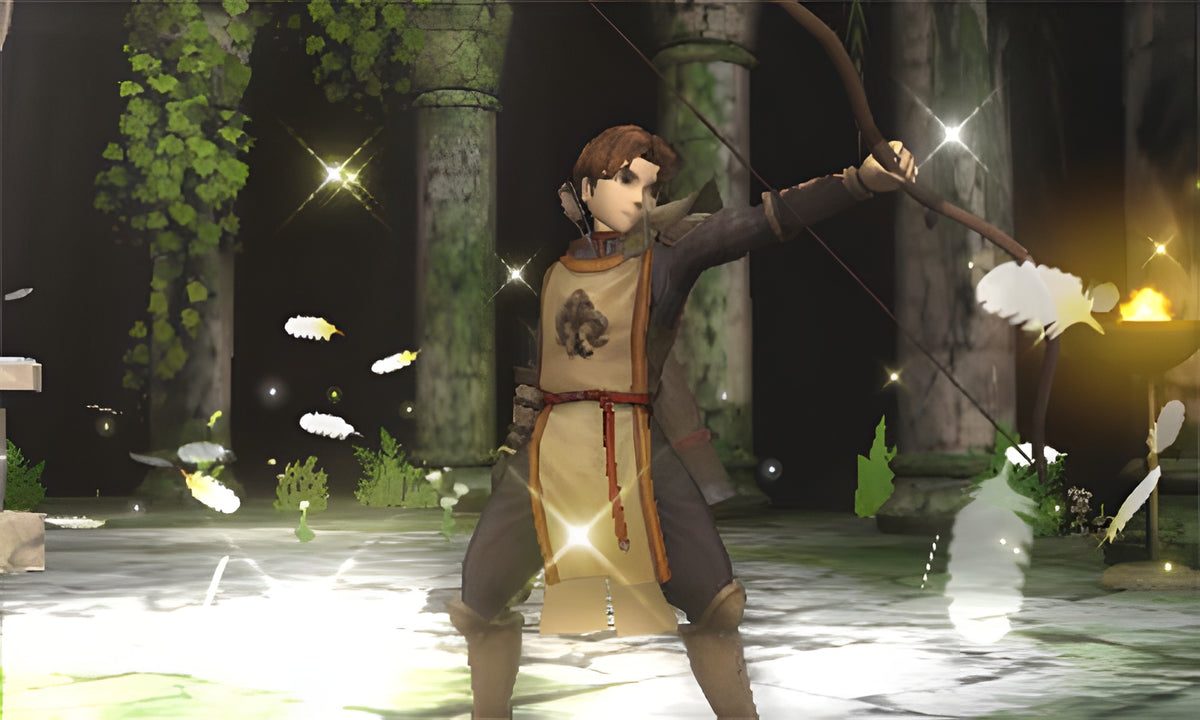 Ein Bogenschütze in Fire Emblem Echoes: Shadows of Valentia zielt in einer Ruine.