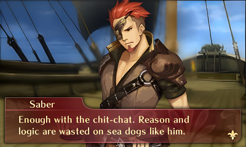 Ein Dialog mit dem Charakter Saber in Fire Emblem Echoes: Shadows of Valentia.