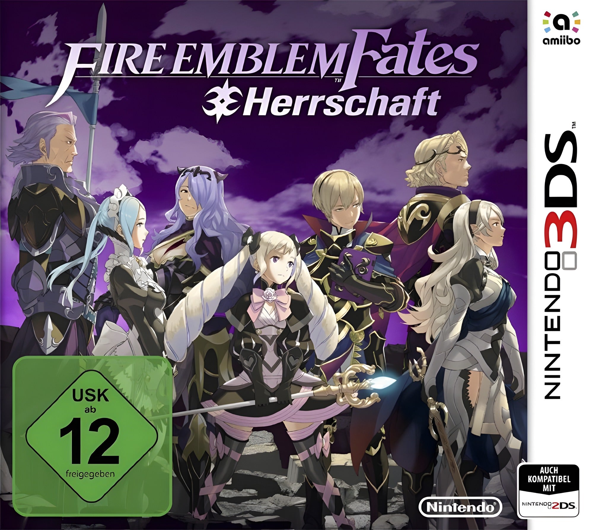 Das Cover von Fire Emblem Fates: Herrschaft für Nintendo 3DS zeigt acht Charaktere vor lila Wolken, USK ab 12.