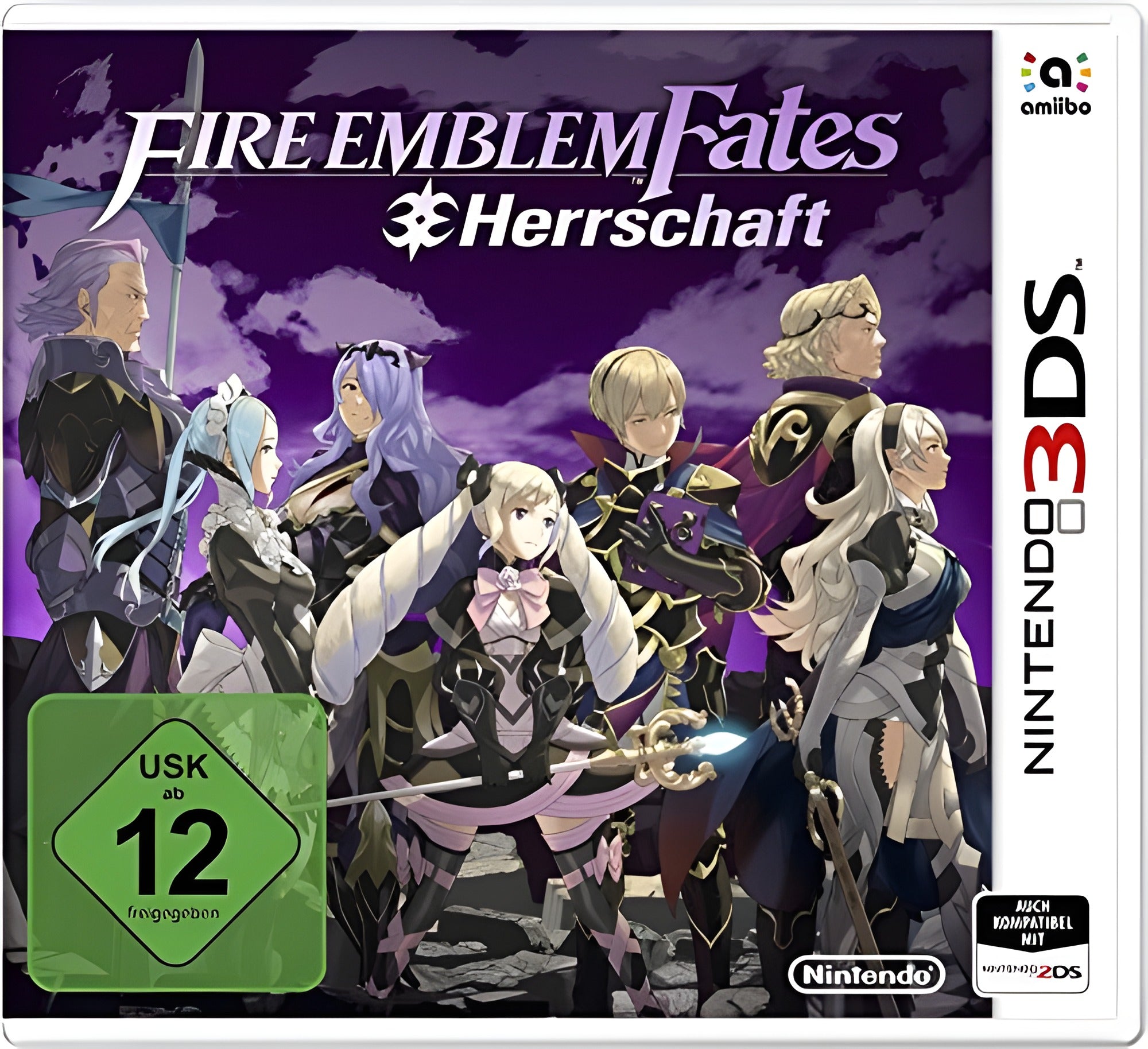 Das Cover von Fire Emblem Fates: Herrschaft zeigt acht Charaktere vor lila Wolken, USK ab 12.