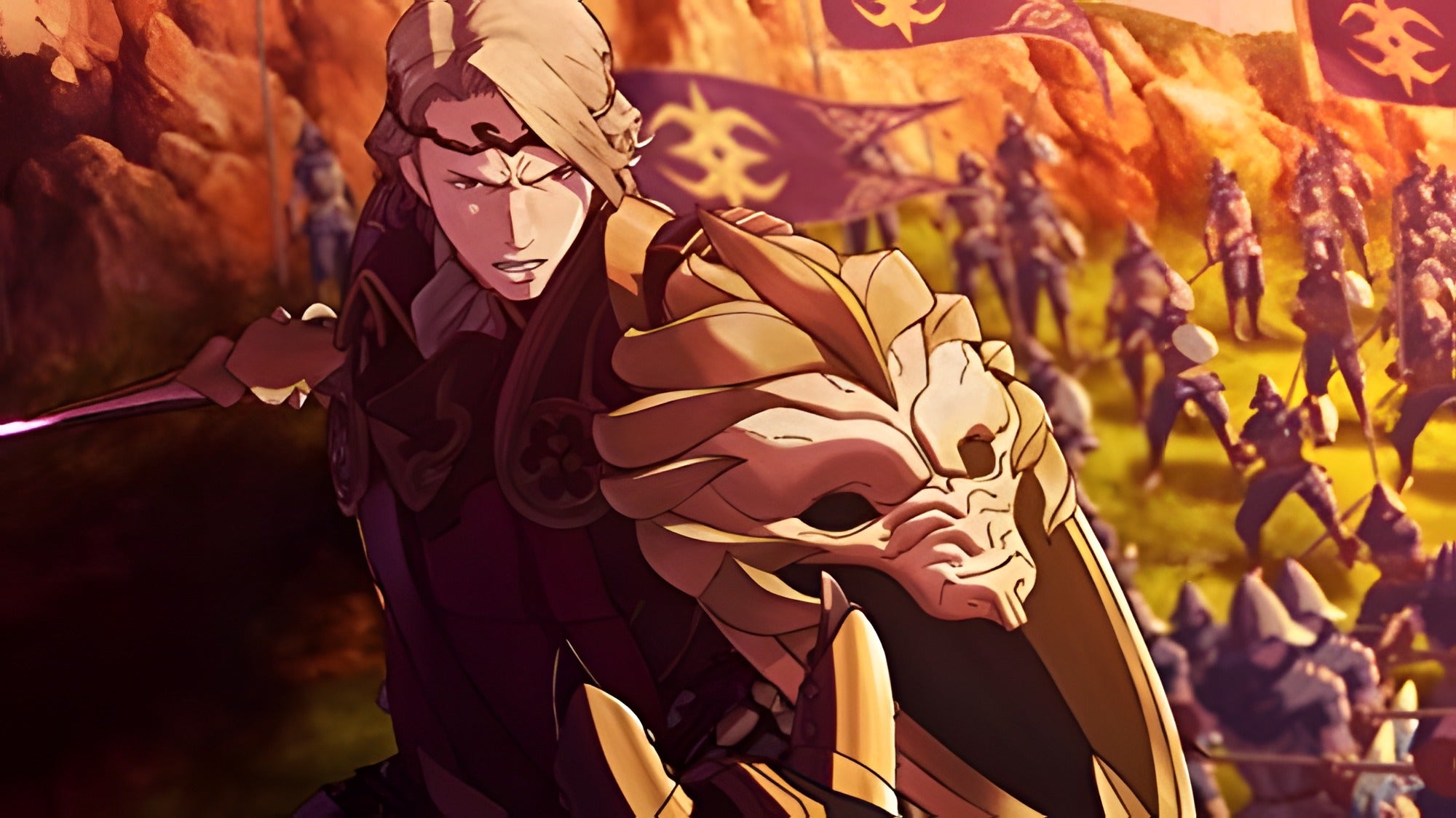 Ein Krieger mit goldener Löwen-Rüstung kämpft in Fire Emblem Fates: Herrschaft auf einem Schlachtfeld.